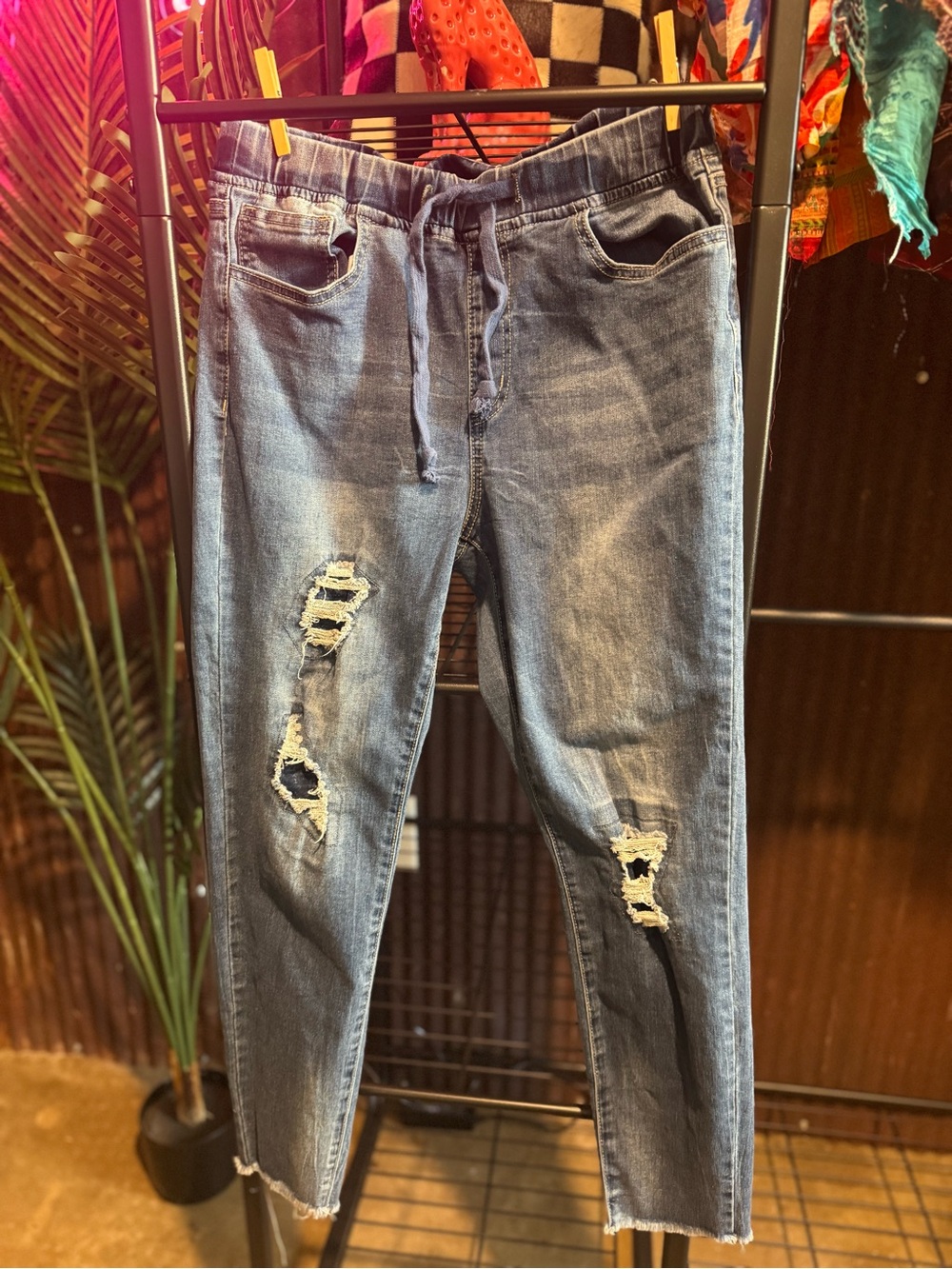 YMI Women's Distressed Blue Jeggings with elastic waist and raw hem!